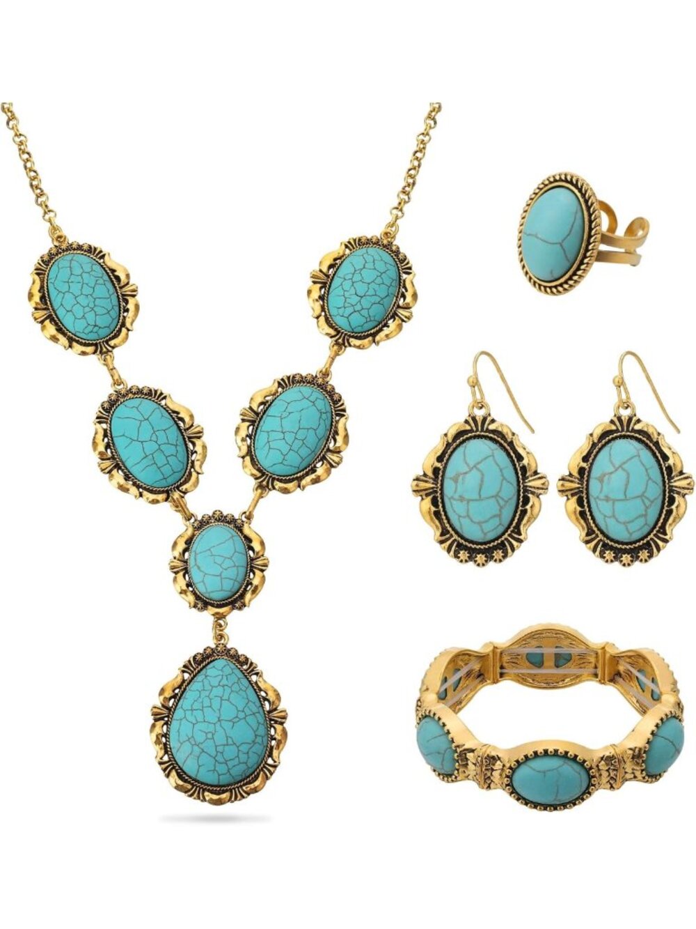 4 PCS Boho Turquoise Jewelry Set for Women - Vintage Necklace, Earrings